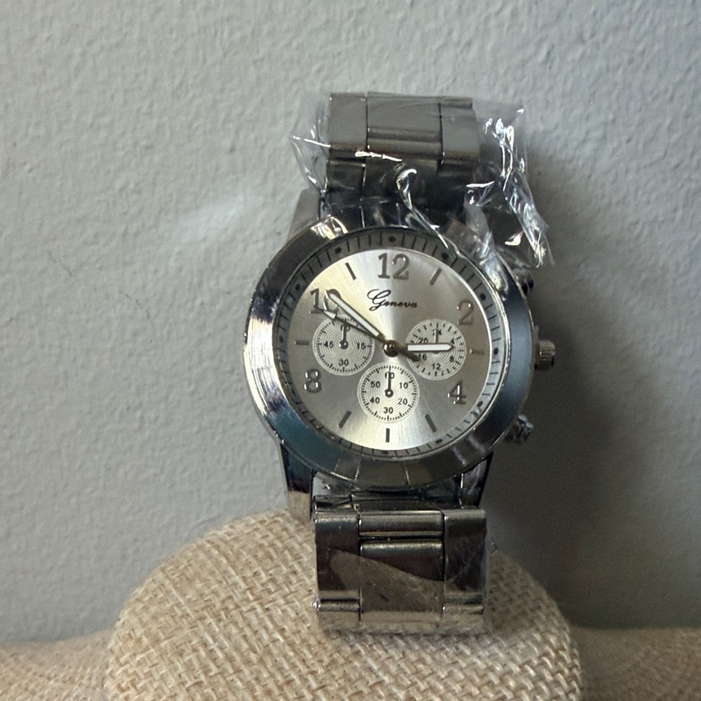 Geneva Silver Metal Bracelet Watch with Subdials